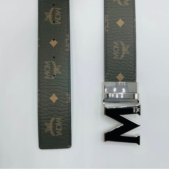 MCM Belt Green Visetos Canvas M Buckle Reversible Belt Unisex NEW Authentic - Picture 4 of 7